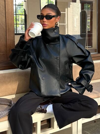 Muchica Women Fall Winter Black Faux Leather Jacket, High Collar Double‑Breasted Long Sleeve Loose Casual Outerwear For Women