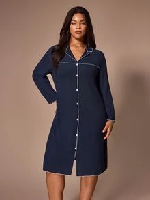 Lazeform Soft Ribbed Wood Ear Trim Cardigan Plus Size Loungewear Nightgown - Navy Blue - View 3