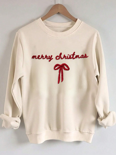 INAWLY Sudadera casual de hombros caídos bordada de Navidad alegre Otoño/Invierno, top deportivo con bordado de lazo, sudadera de hilo de chenilla de Navidad feliz, sudadera de otoño personalizada y personalizada como regalo cristiano, sudadera de moda de regalo Otoño/Invierno