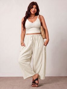 Enliva Plus Size Loose Fit Drawstring Casual Cropped Pants Fall - Apricot - View 4