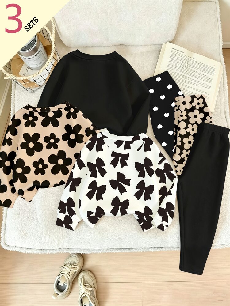 (3 Sets) Girls' Fashion Casual Floral Polka Dot Bow Design Basic Crew Neck Sweatshirt And Leggings Set - Multicolor - View 2
