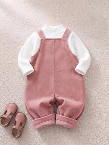 SHEIN 女嬰可愛百搭粉色燈芯絨愛心圖案連身衣 - 粉色 - 查看 2