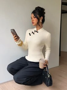 Siren Gaze Women's Chinese Style Fitted Long Sleeve Sweater With Frog Button Design - White - View 4