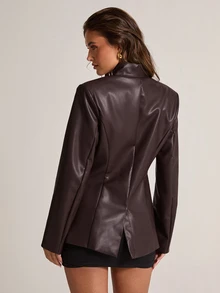 SHEIN BAE Women's Solid Color PU Leather Fashion Versatile Commute & Travel Blazer - Brown - View 2