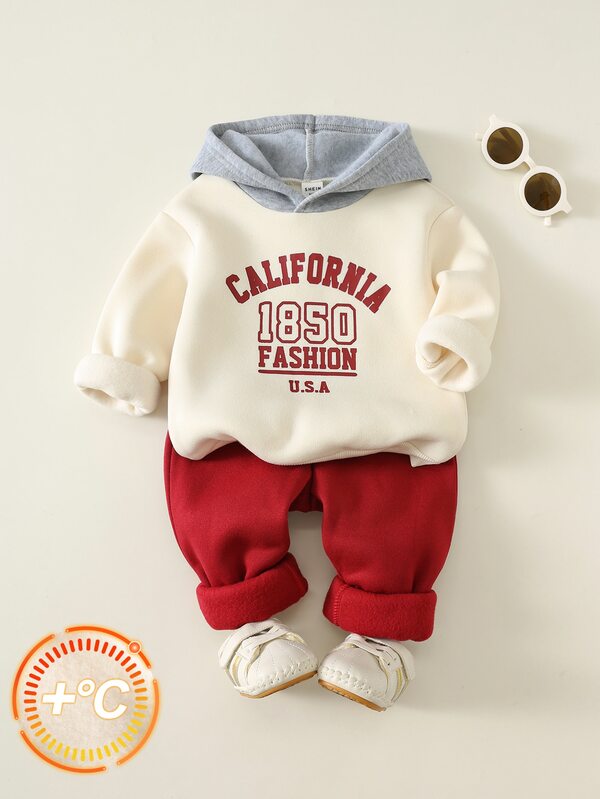 SHEIN Baby Boy Letter Print Colorblock Hooded Pullover Sweatshirt & Elastic Waist Long Pants 2-Piece Set