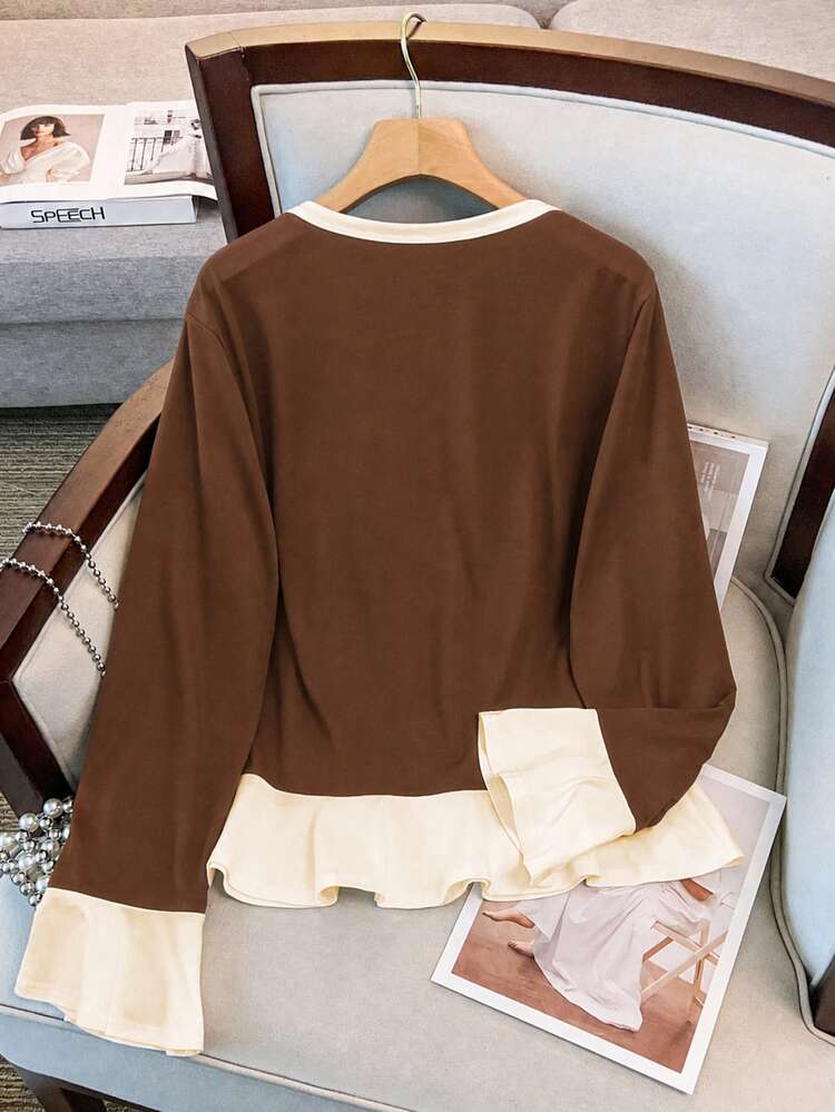 GlowEve CURVE Plus Size Women's Best-Selling Elegant Casual Ruffle Trim Contrast Color Long Sleeve T-Shirt, Round Neck Bell Sleeve, Button Decor, Minimalist Cut Design Top - Brown - View 2