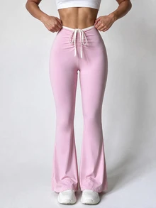 SHEIN Dewbera กางเกงกีฬาขากว้างสีตัดกันมีเชือกรูด - สีชมพู - ดู 5