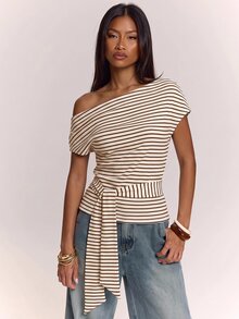 SHEIN BAE 秋冬條紋不對稱肩綁帶前襟上衣 女款 - 彩色 - 查看 6