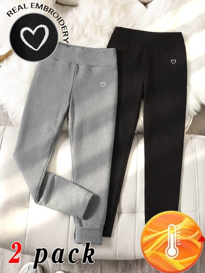 SHEIN Kids Tween Girl 2-Piece Set, Autumn/Winter Casual Fleece Lined Thickened Heart Embroidery High Waist Slim Fit Leggings, Black And Grey 2-Pack