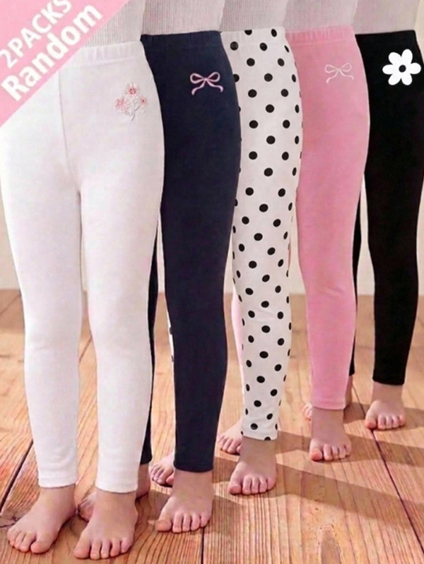 Tween Girl Casual Cute Clean Girl Minimalist Cartoon Pattern Long Leggings, 2pcs/Pack, Suitable For Autumn/Winter School White White Polka Dot