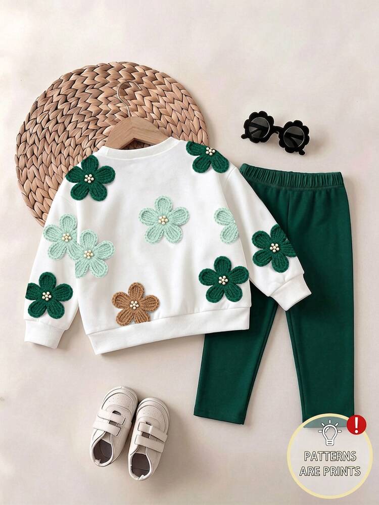 Baby Girl 2-Piece Casual Floral Crew Neck Sweatshirt And Leggings Set, Fashionable And Cute Autumn/Winter Outfit, Sweet Girl 3D Flower Print White Sweatshirt With Dark Green Leggings - White - View 5