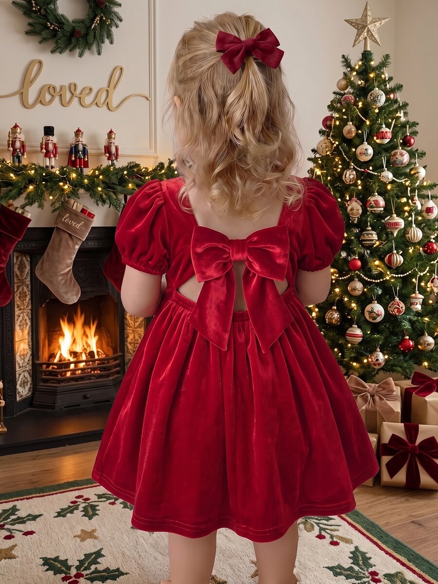 SHEIN 女嬰純色蝴蝶結裝飾休閒日常夏季洋裝 - 紅色 - 查看 1