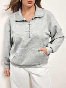 Maija Plus Size Grey Front Zipper Pullover Sweatshirt - Grey - View 5