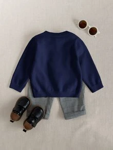 PrepCrw Young Boy Autumn/Winter Casual Kids Bear Jacquard Sweater - Navy Blue - View 3