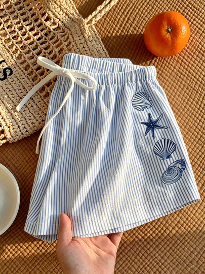 SHEIN PETITE Women's Casual Striped Shorts, Elastic Drawstring High Waist Loose A-Line Shorts, White Light Blue Vertical Stripes With Navy Shell And Starfish Embroidery, Suitable For Summer Beach Vacation, Daily Home Wear, Fits Young Girls And Teenagers