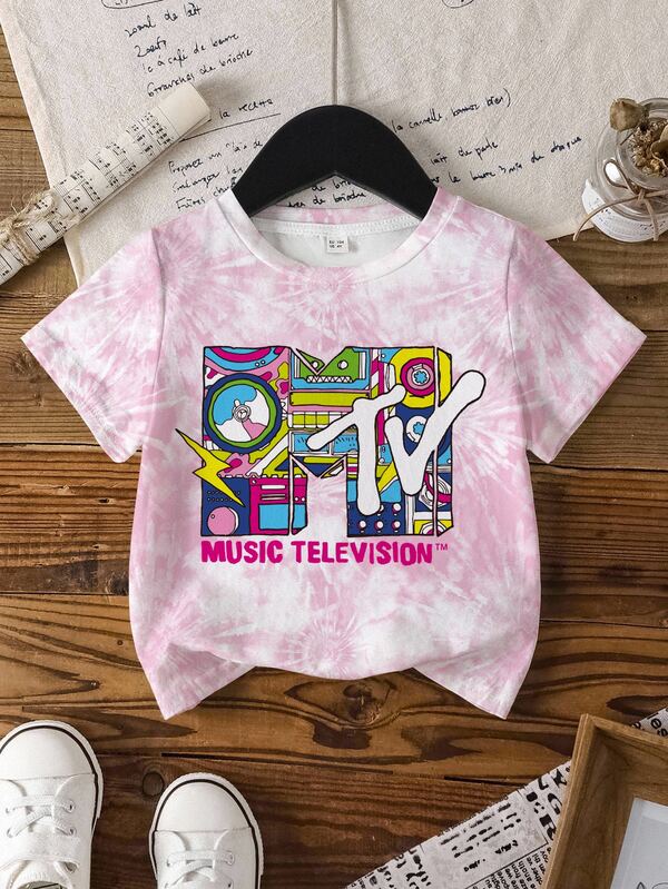 MTV | SHEIN Camiseta de manga corta con cuello redondo y estampado de dibujos animados para uso diario de niña preadolescente