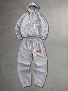 ROMWE MEN Men's Hoodie And Sweatpants Casual Daily Outfit Set - Grey - View 8