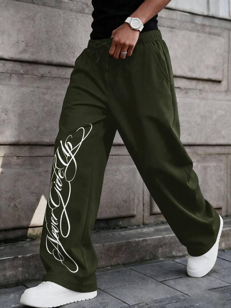 SHEIN Kids Tween Boy Casual Daily Comfortable Letter Print Pattern Straight Leg Loose Woven Long Pants, Suitable For Daily Wear, School, Travel, Vacation, Holiday, Party, All Seasons - Army Green - View 3