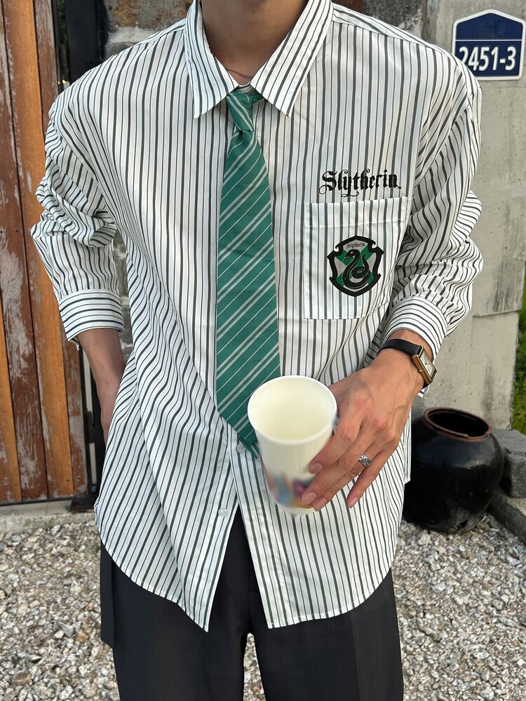 DAZY Spring/Autumn Long Sleeve Collegiate Style Letter Print Green & White Striped Shirt With Green Striped Tie, Commuter Men's Shirt - Green - View 5