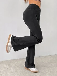 SHEIN PETITE 簡約純色包腰高腰喇叭褲 - 深灰色 - 查看 3