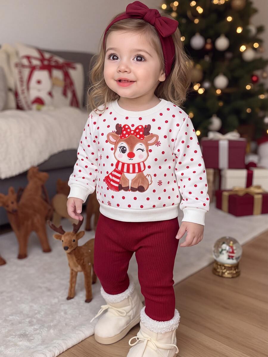 SHEIN Baby Girl Polka Dot Cartoon Print Sweatshirt & Leggings Set - Red and White - View 1