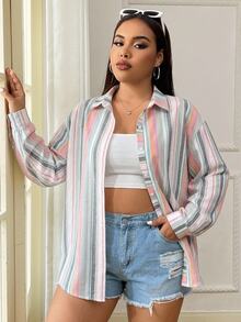 SHEIN EZwear 大尺碼女款條紋拼接休閒日常穿著襯衫 - 彩色 - 查看 6