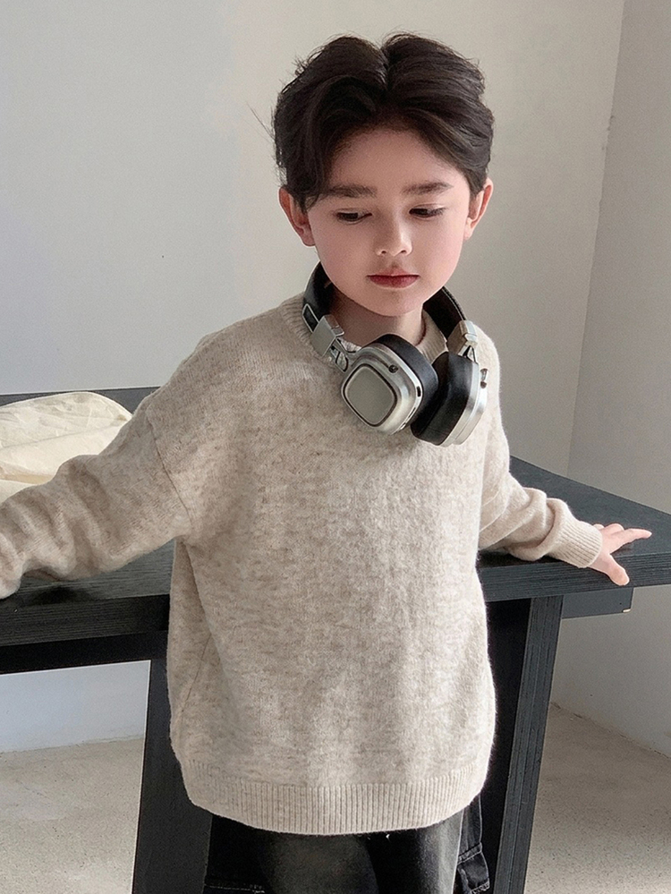 Dazy Kids 男童 (大號) 圓領休閒長袖寬鬆基本款純色秋冬毛衣 - 杏色 - 查看 2