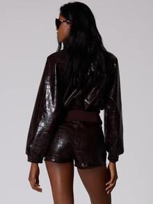 MUSERA Brown PU Cinched Waist Jacket Summer Autumn Fall Winter  Going Out Festival Cool Girl Low Frequency - Coffee Brown - View 4