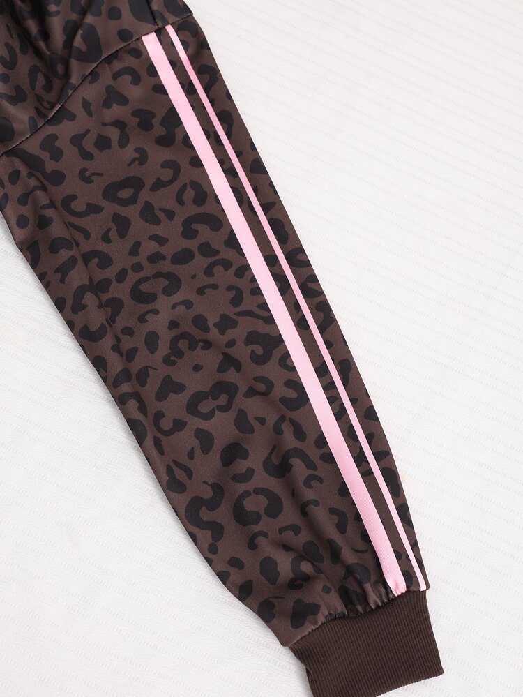 Teen Leopard Print Hooded Jacket, Retro Cool Casual Style, Versatile For Spring And Autumn. Full Leopard Print Digital Print, Zipper Front Hooded Design, Contrast Stripe Decoration On Sleeves, Soft And Comfortable Fabric, Loose Short Fit, Suitable For School, Daily Outings. - Multicolor - View 5