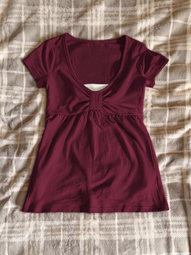 IslaSuriya Women's Solid Color Pleated Casual Versatile Daily Wear T-Shirt - Burgundy - View 3