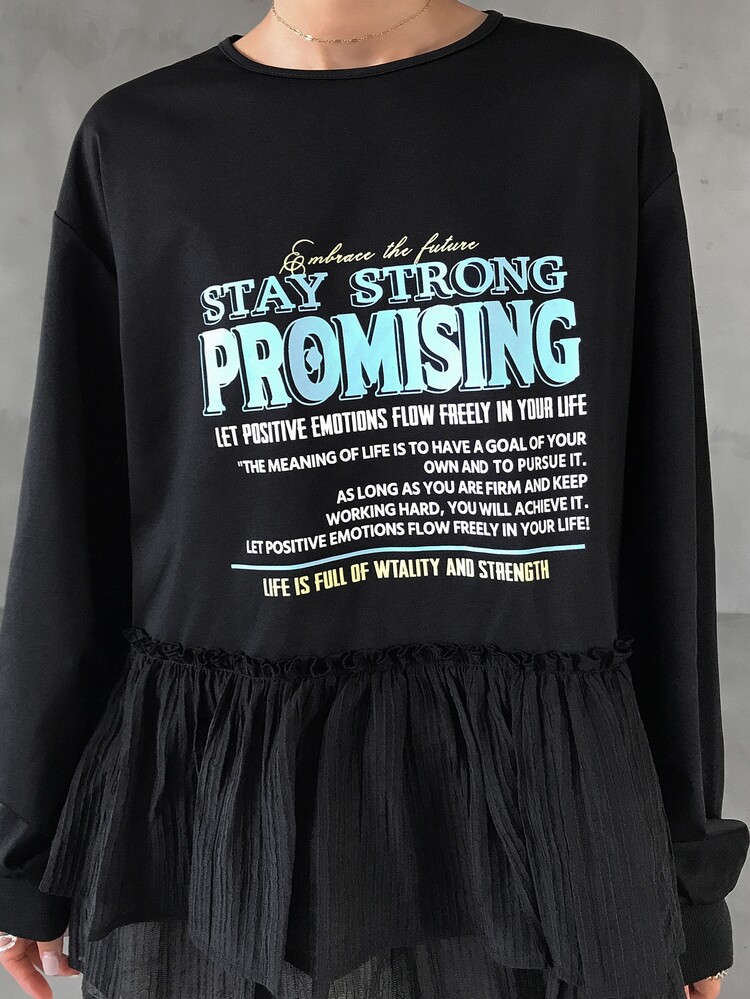 FRIFUL Women's Round Neck Black And White Letter Print Decor Sleeves Multi-Material Patchwork Loose Fit Sports Streetwear Casual Fall T-Shirt Everyday - Black - View 6