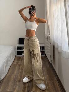 StreetHx Y2K Streetwear 2000s Grunge Vintage Washed Distressed Denim Wide Leg Pants NY Letter Patch Graphic Print Casual Going Out Brown Summer - Khaki - View 4