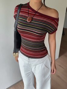 Aloruh Women's Summer Casual Striped Asymmetric Collar T-Shirt - Multicolor - View 2