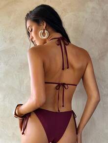 Aloruh Women's Summer Swimsuit,Sexy Deep V Swimsuit,Brown Swimsuit, Rivet & Foil Decor, Party Outfit, Music Festival Outfit,Vacation One Piece Swimsuit Women - Burgundy - View 2