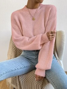 SHEIN 女款簡約優雅蓮花粉圓領針織燈籠袖套頭衫，適合日常穿著、購物、休閒、度假、旅行、約會 - 藕粉色 - 查看 6