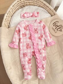 SHEIN Newborn Baby Girl Cute Knitted Pink Plaid Bear Romper With Headband - Pink - View 5