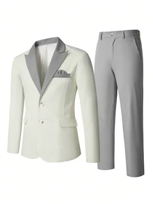Manfinity Bizformal 男士對比色尖領西裝外套與長褲套裝 春夏婚禮風西裝套裝 - 淺灰色 - 查看 3