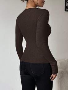 SHEIN Clasi 女款純色修身百搭日常穿著長袖針織衫 - 咖啡棕 - 查看 2