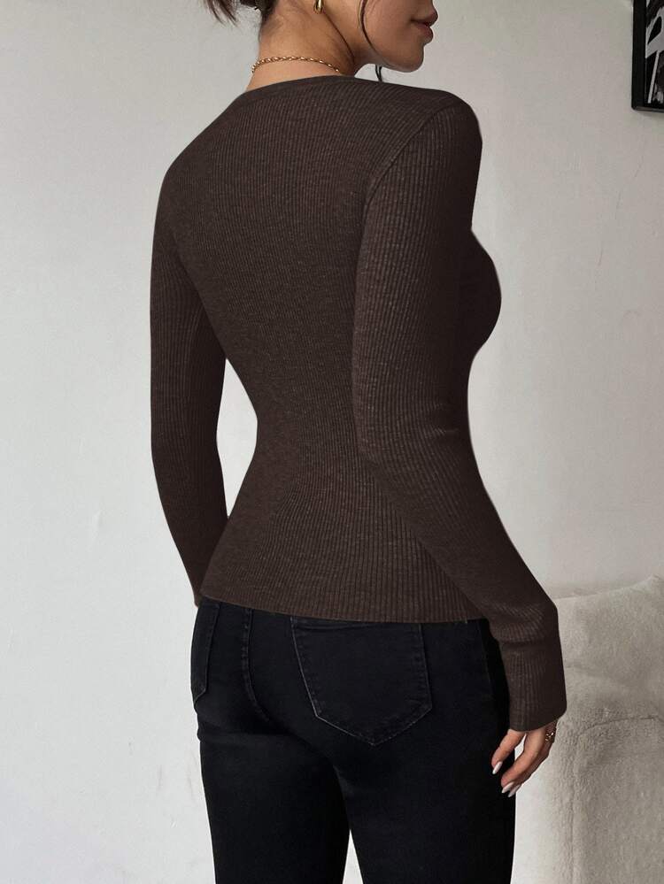 SHEIN Clasi Women's Solid Color Slim Fit Versatile Daily Wear Long Sleeve Sweater - Coffee Brown - View 2
