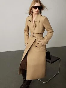 SHEIN 女款編織素色正肩長袖收腰半開襟下擺開衩戶外休閒日常通勤辦公春秋冬風衣外套 - 卡其色 - 查看 3