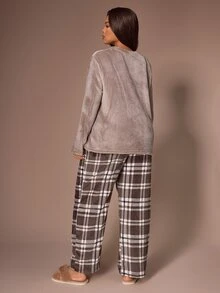 Lazeform Casual Plush Plaid Print Long Sleeve Pants Pajama Set Plus Size - Multicolor - View 2