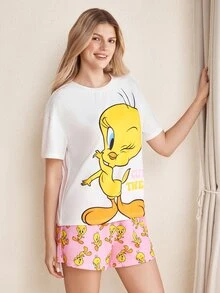 LOONEY TUNES X SHEIN Women's Cartoon Print Top & Shorts Pajama Set - White - View 4