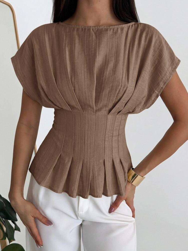 Aloruh Women's Elegant Commute Round Neck Pullover Casual Striped Short Sleeve Blouse - Mocha Brown - View 6