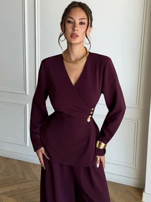 Aloruh Women's Elegant Commuter Wrap Coat & Trousers Suit Set,New Fall Styles - Purple - View 1