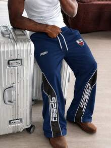 PAVTROS Men's Drawstring Waist Letter Print Casual Everyday Sweatpants - Blue - View 5