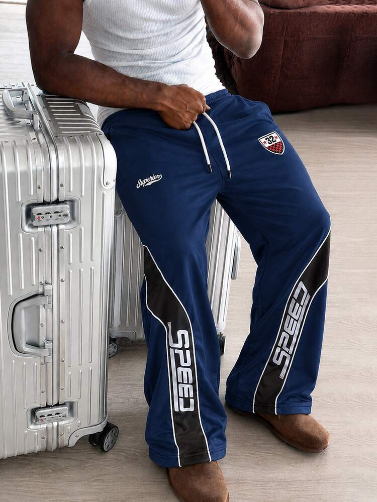 PAVTROS Pantalones de chándal casuales de uso diario con cordón en la cintura y estampado de letras para hombre - Azul - Añade 5