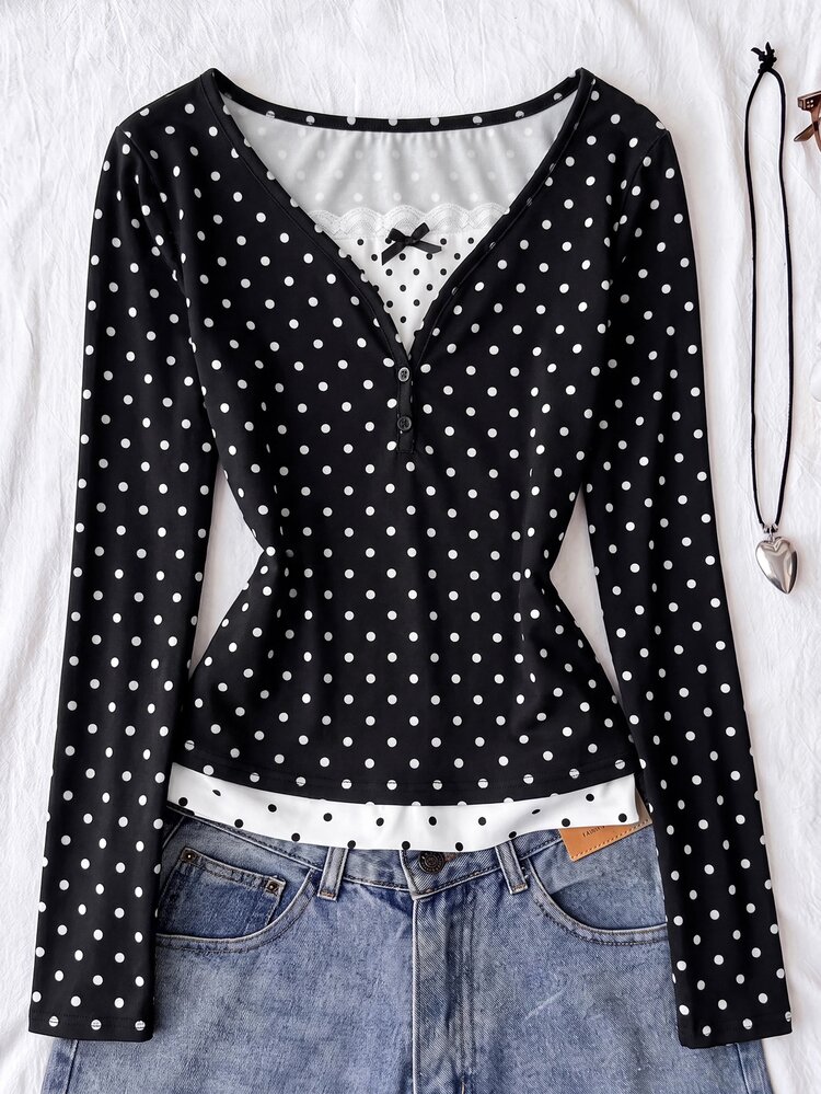SHEIN Teen Girl Teen Girls T-Shirts Knitted Royal Blue Patchwork Polka Dot Casual Long Sleeve T-Shirt - Navy Blue - View 4