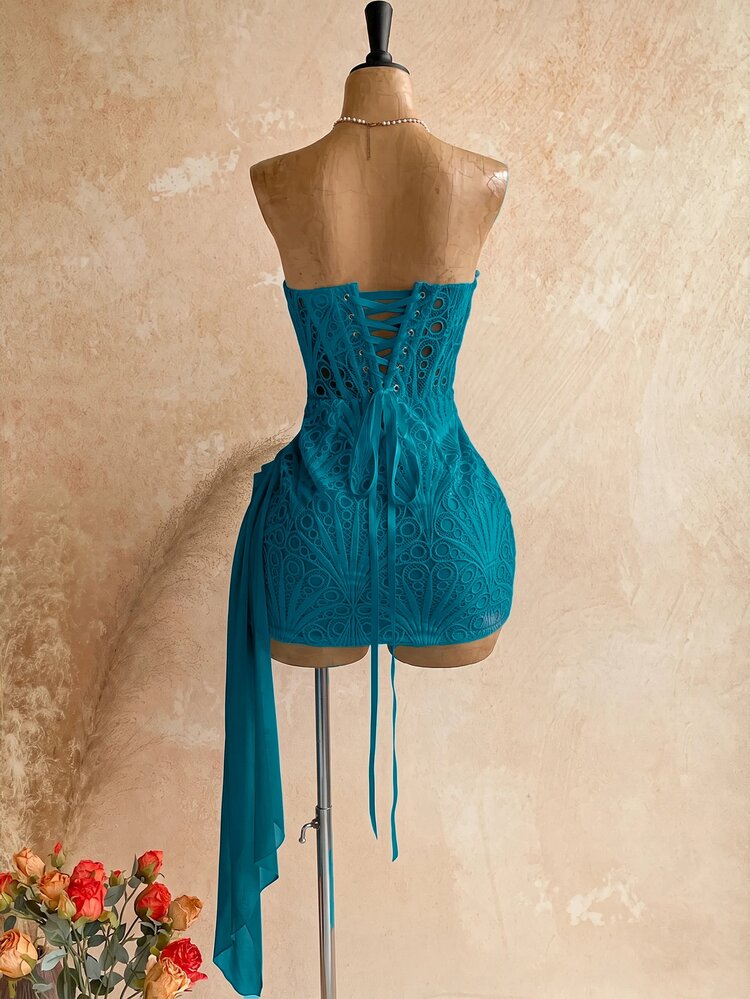 Soleia Women's Sexy Vacation Strapless Lace Textured Draped Mesh Ruched Bustier Mini Dress, Beach, Cruise, Road Trip, City Vacation, Date, Afternoon Tea, Bohemian, Seaside, Island Vacation, Summer, Music Festival, Daily Commute, Wedding Season, Party, Carnival - Teal Blue - View 2