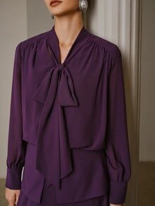 ZEYLAH Women's Solid Color Long Sleeve Top And Skirt Set - Purple - View 2