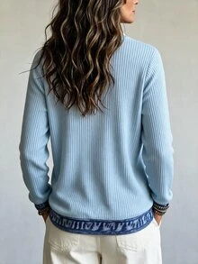 LUMIGAL Fashion Contrast Trim V Neck Sweatshirt Women Ribbed Long Sleeve Casual Hoodie - Multicolor - View 2